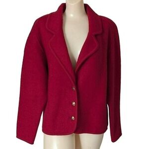 Vintage Boiled Wool Red Blazer Jacket Women Medium Holiday Classic‎ Oversized